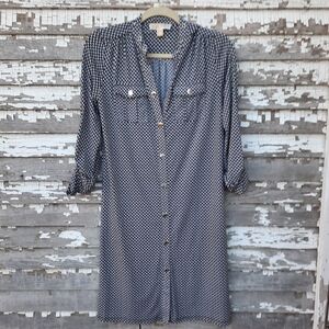 Michael Kors Navy and White Printed Midi Shirt Dress